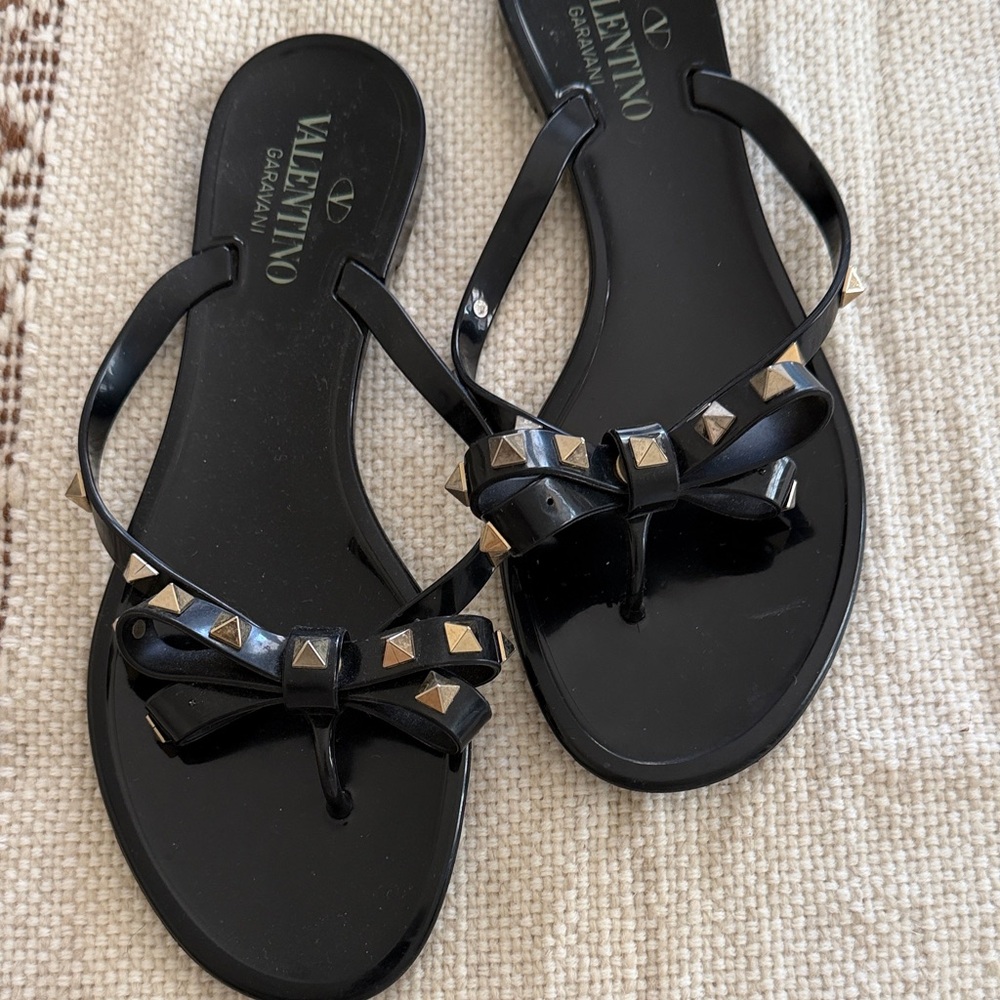 Valentino Garavani Black Sandals with Gold Studs